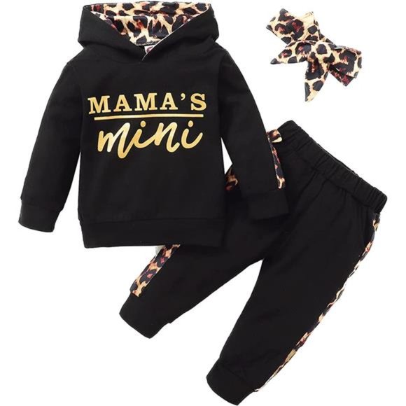 Baby Girls Hoodie Sweatshirt Pants Headband Clothing Set, Black